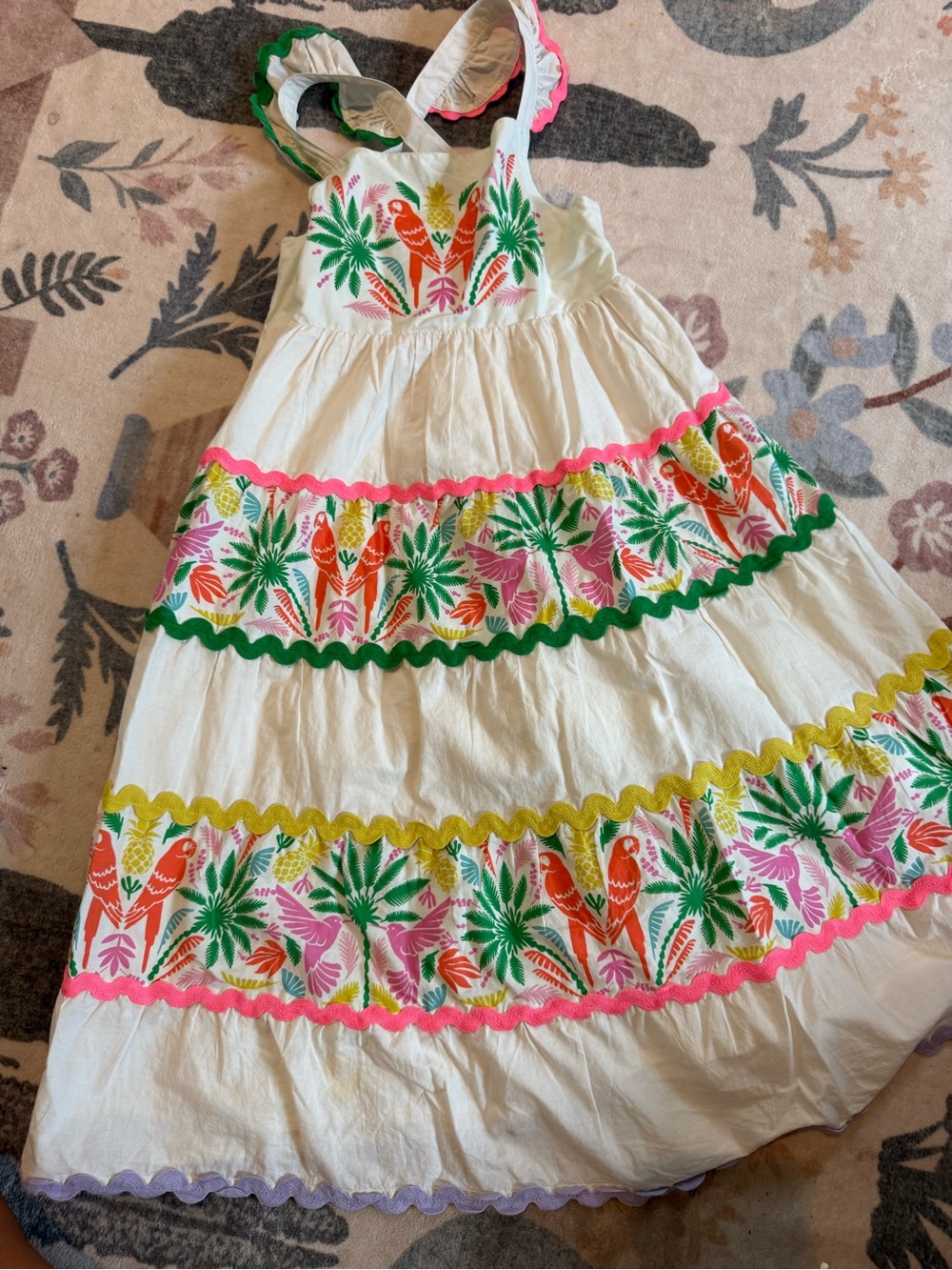 White Tropical Parrot Embroidered Girls' Dress